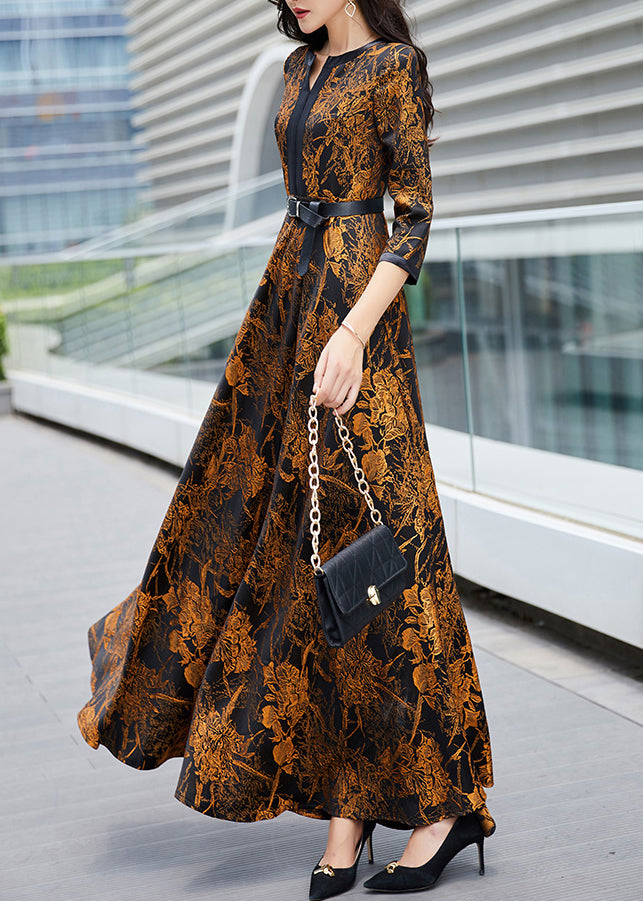 Sexy Orange Print Sashes Long Traveling Dress Spring