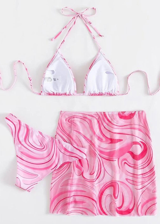 Sexy Pink Cinched Halter Lace Up Swimwear Set