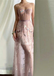 Sexy Pink Embroideried Sequins Slim Fit Tulle Maxi Dresses Sleeveless