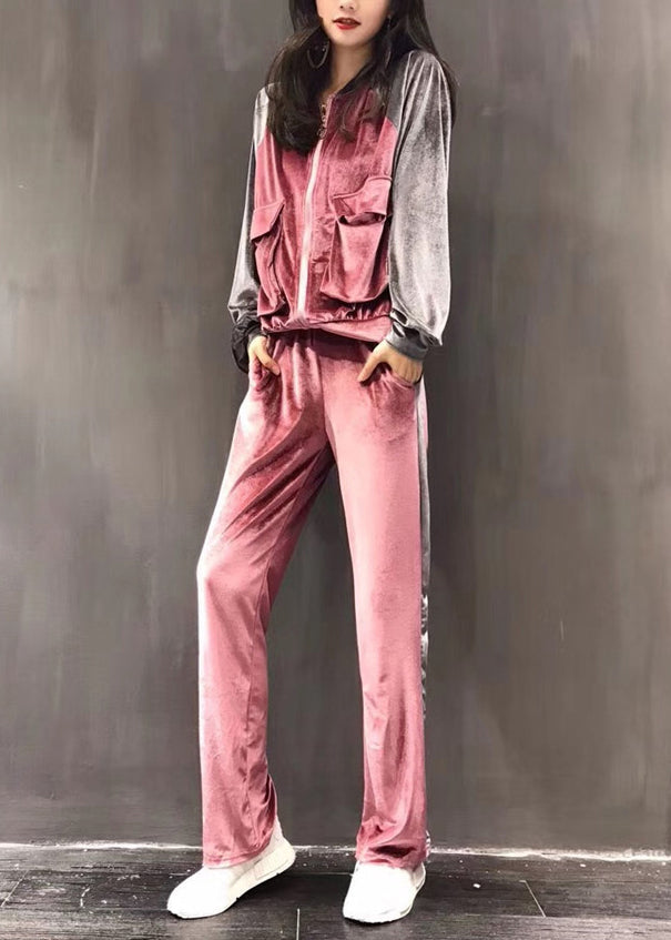 Sexy Pink Zippered Silk Velour Coats And Wide Leg Pants Two Pieces Set Long Sleeve