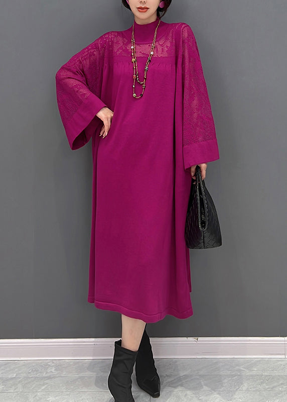 Sexy Purple Turtleneck Patchwork Knit Maxi Dress Fall