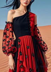 Sexy Red Cold Shoulder Print Patchwork Chiffon Maxi Dress Summer