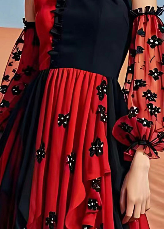 Sexy Red Cold Shoulder Print Patchwork Chiffon Maxi Dress Summer