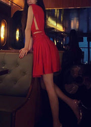 Sexy Red V Neck Hollow Out Chiffon Mid Dress Summer