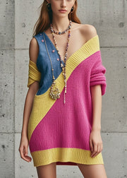 Sexy Rose Asymmetrical Patchwork Denim Knitwear Dress Fall