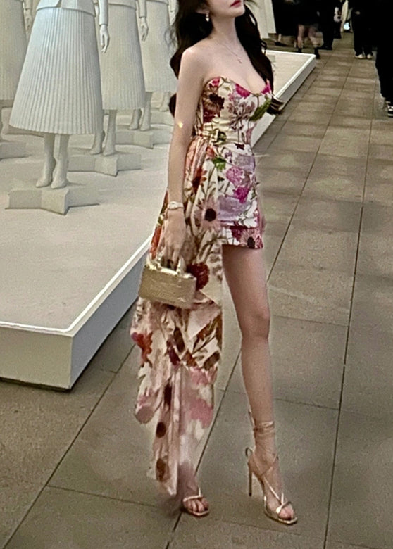 Sexy V Neck Asymmetrical Print Maxi Dresses Sleeveless