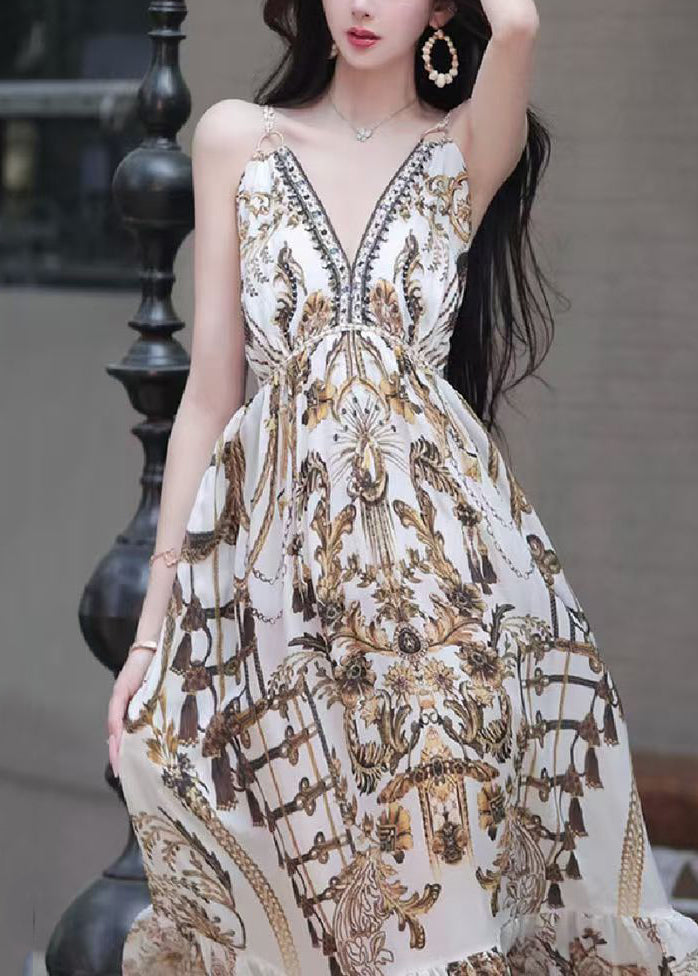 Sexy V Neck Print High Waist Spaghetti Strap Dress Sleeveless