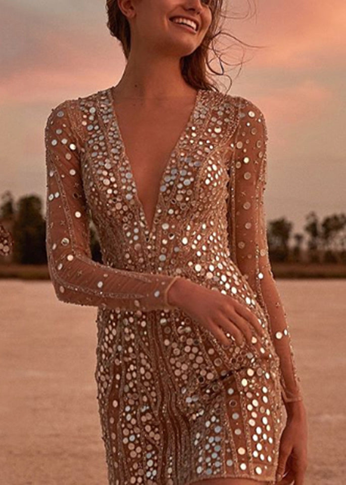 Sexy V Neck Sequins Short Party Dresses Fall