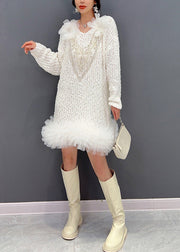 Sexy White O-Neck Tulle Patchwork Knit Dress Long Sleeve