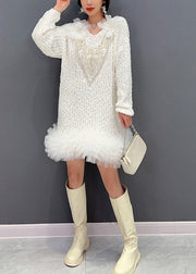 Sexy White O-Neck Tulle Patchwork Knit Dress Long Sleeve