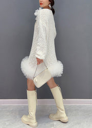 Sexy White O-Neck Tulle Patchwork Knit Dress Long Sleeve