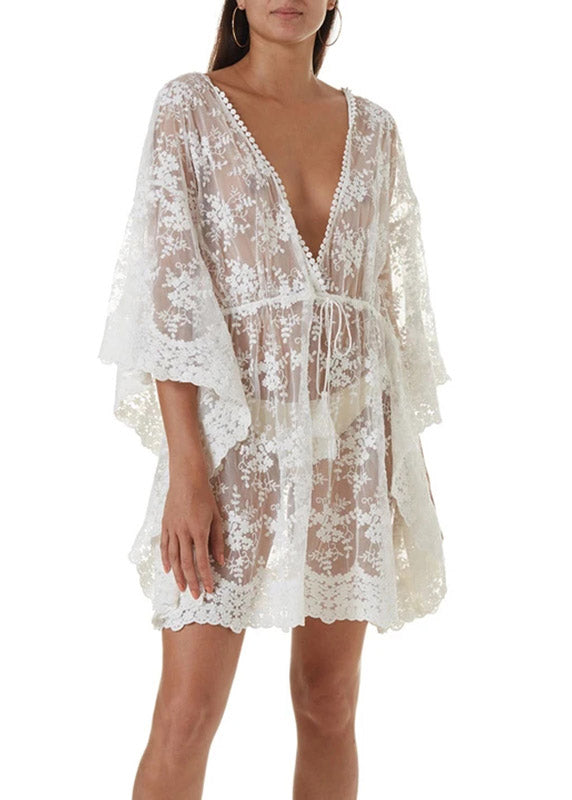 Sexy White V Neck Cinched Beach Lace Bikini Cover Ups Half Sleeve