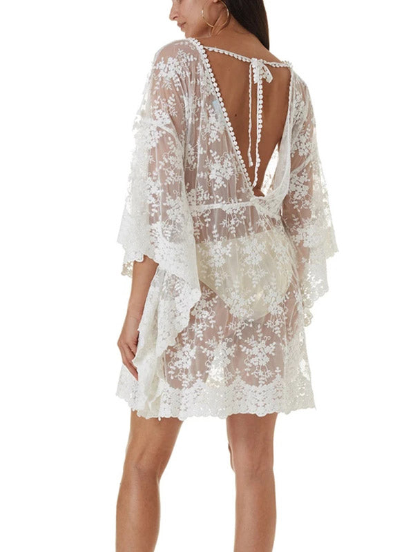 Sexy White V Neck Cinched Beach Lace Bikini Cover Ups Half Sleeve