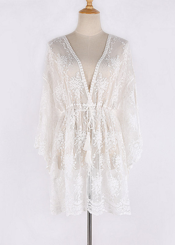 Sexy White V Neck Cinched Beach Lace Bikini Cover Ups Half Sleeve