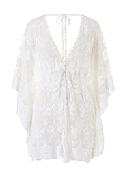 Sexy White V Neck Cinched Beach Lace Bikini Cover Ups Half Sleeve