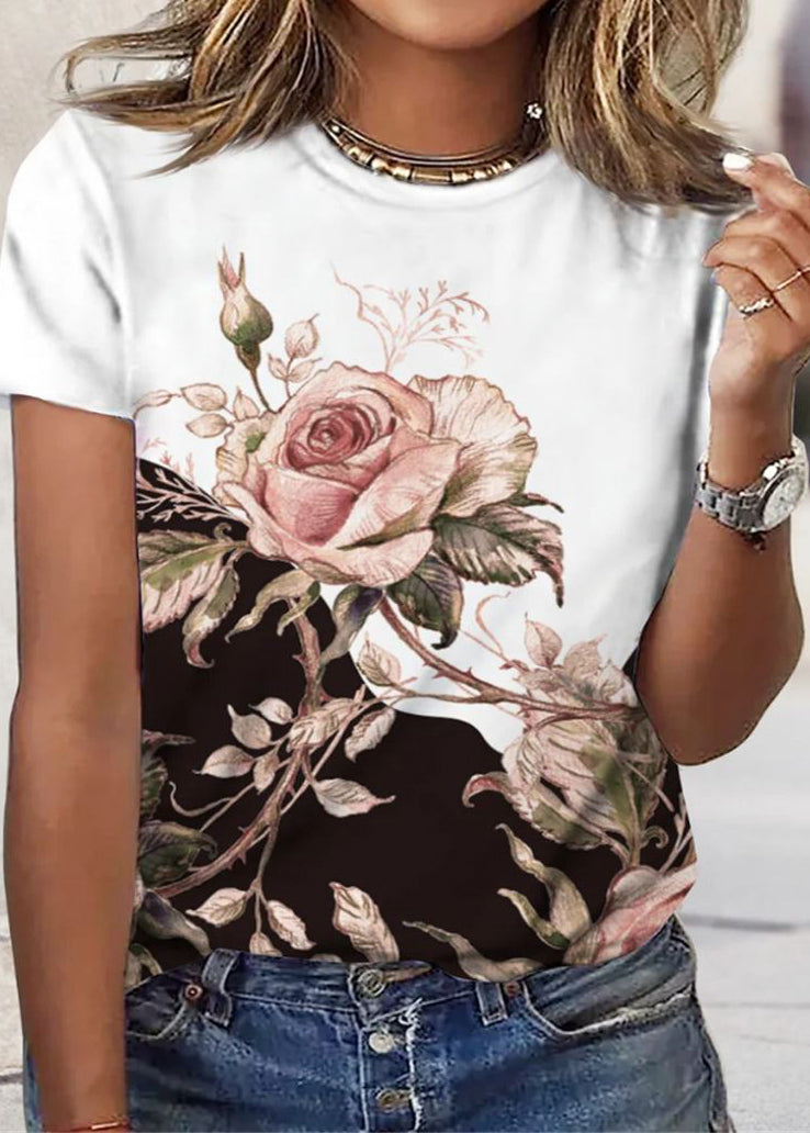 Short Sleeve T Neck Casual Flower Loose T Shirt Women Grey