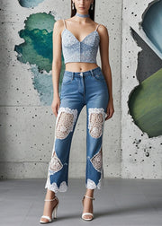 Silm Fit Blue Patchwork Denim Crop Pants Hollow Out Fall