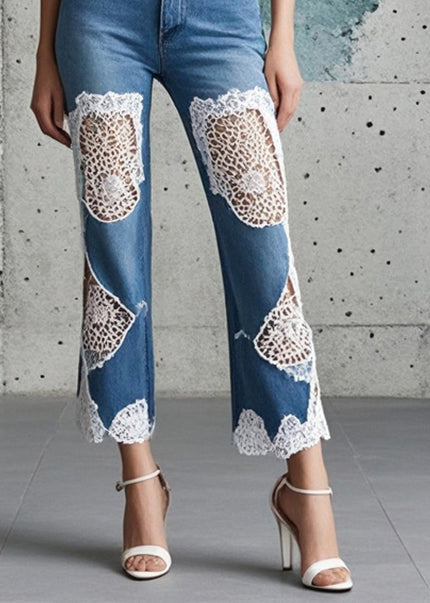 Silm Fit Blue Patchwork Denim Crop Pants Hollow Out Fall