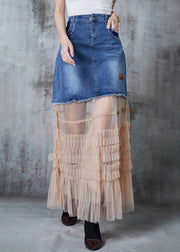 Silm Fit Blue Patchwork Tulle Denim Holiday Skirt Summer