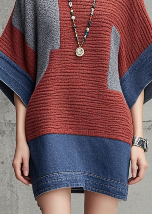 Silm Fit Colorblock Patchwork Denim Sweater Dress Batwing Sleeve