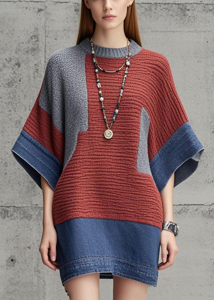 Silm Fit Colorblock Patchwork Denim Sweater Dress Batwing Sleeve