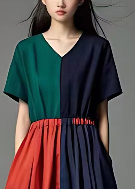 Silm Fit Colorblock V Neck Patchwork Cotton Vacation Dresses Summer