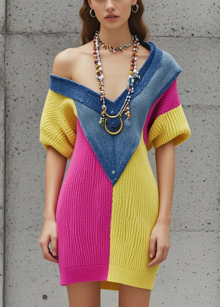 Silm Fit Colorblock V Neck Patchwork Denim Knitted Dress Fall