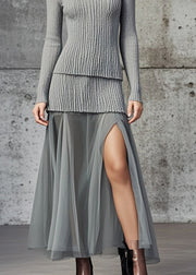 Silm Fit Grey Patchwork Tulle Sweater Dress Side Open Fall