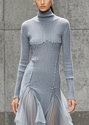 Silm Fit Grey Turtle Neck Patchwork Tulle Long Knit Dress Winter