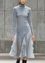 Silm Fit Grey Turtle Neck Patchwork Tulle Long Knit Dress Winter