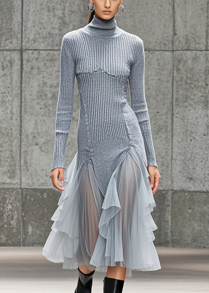 Silm Fit Grey Turtle Neck Patchwork Tulle Long Knit Dress Winter