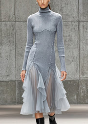 Silm Fit Grey Turtle Neck Patchwork Tulle Long Knit Dress Winter