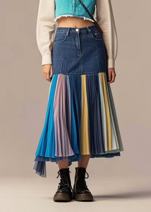 Silm Fit Navy High Waist Patchwork Denim Pleated Skirt Fall