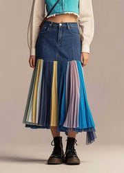 Silm Fit Navy High Waist Patchwork Denim Pleated Skirt Fall