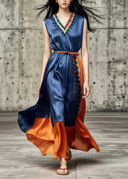 Silm Fit Navy Ruffled Patchwork Silk Holiday Dress Summer