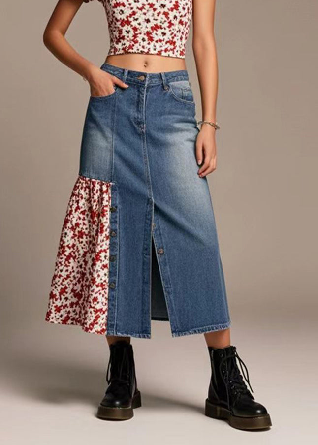 Silm Fit Navy Side Open Patchwork Denim Skirts Spring