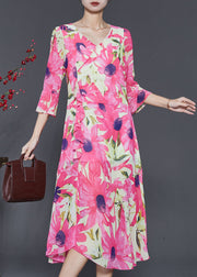 Silm Fit Pink V Neck Print Chiffon Long Dress Flare Sleeve