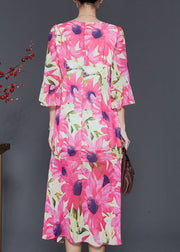 Silm Fit Pink V Neck Print Chiffon Long Dress Flare Sleeve