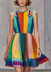 Silm Fit Rainbow Cold Shoulder Tie Dye Chiffon Pleated Dress Summer