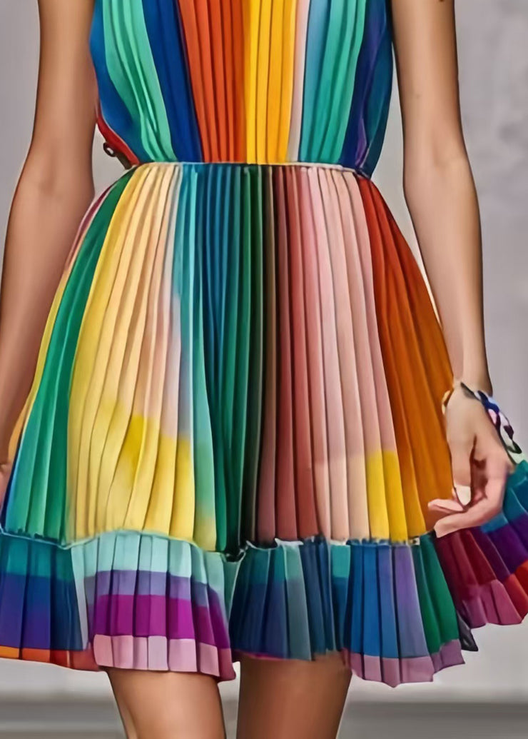 Silm Fit Rainbow Cold Shoulder Tie Dye Chiffon Pleated Dress Summer