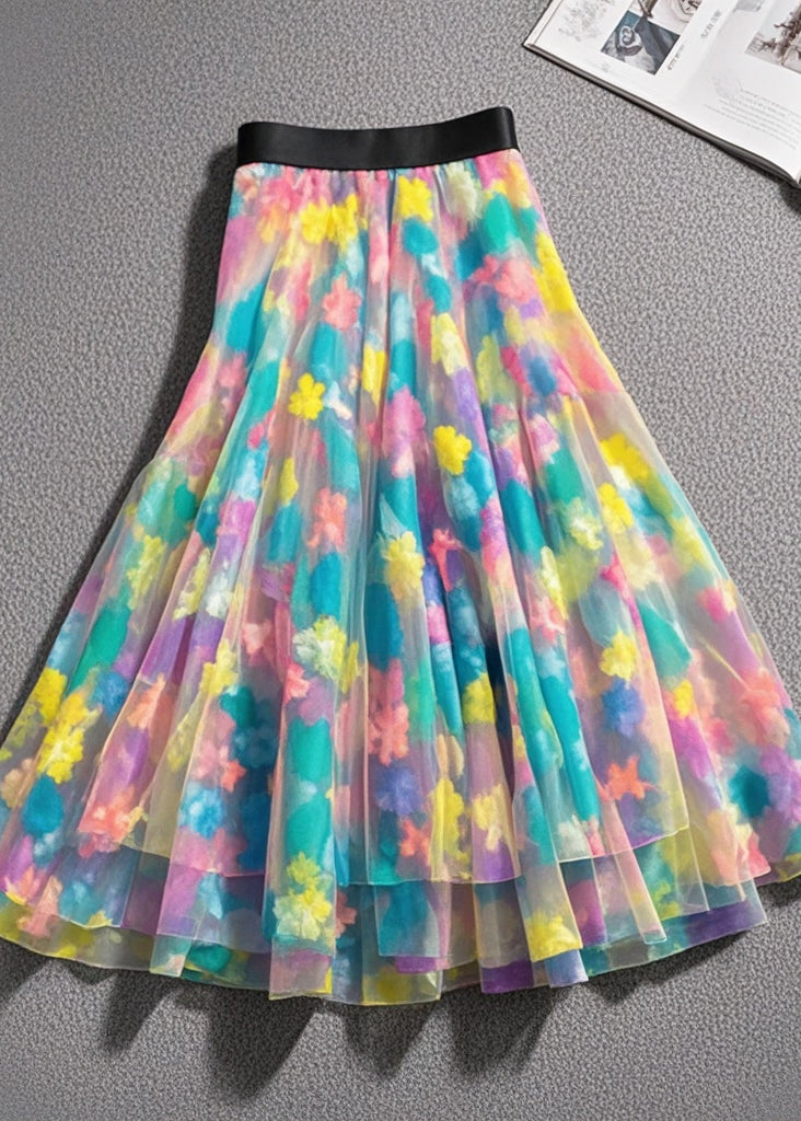 Silm Fit Rainbow Print Tulle Vacation Skirts Summer