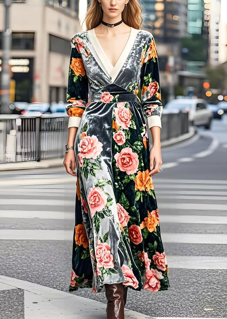 Silm Fit V Neck Patchwork Floral Silk Velvet Robe Dresses Spring