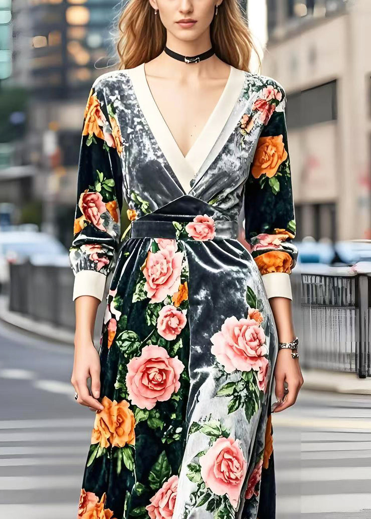 Silm Fit V Neck Patchwork Floral Silk Velvet Robe Dresses Spring