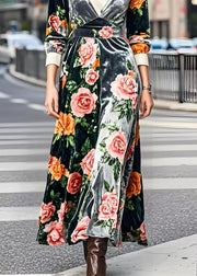 Silm Fit V Neck Patchwork Floral Silk Velvet Robe Dresses Spring