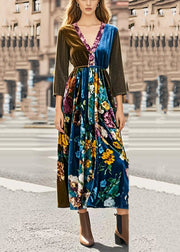 Silm Fit V Neck Patchwork Print Silk Velvet Cinched Dresses Spring