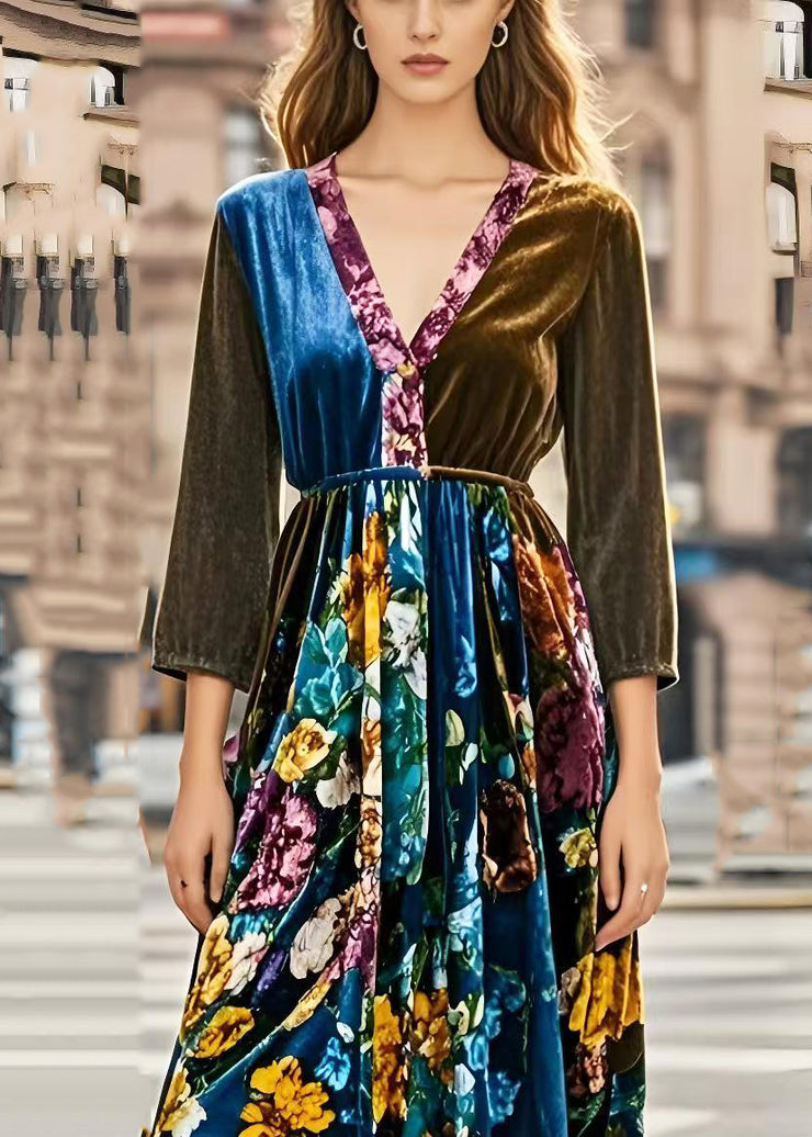 Silm Fit V Neck Patchwork Print Silk Velvet Cinched Dresses Spring