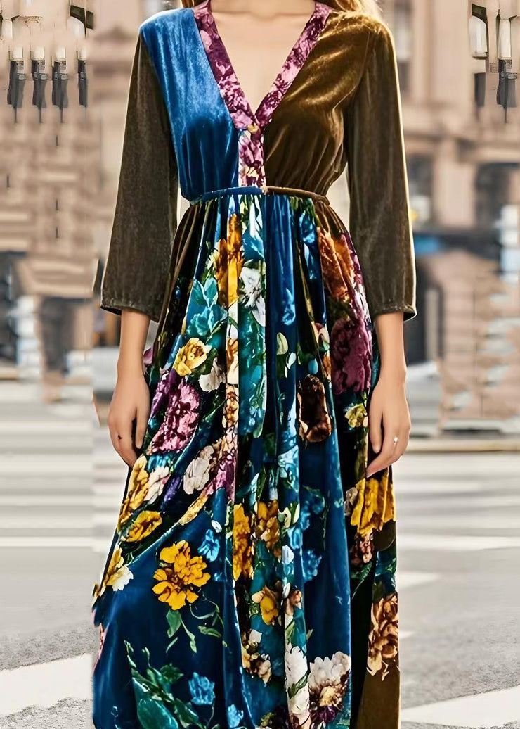 Silm Fit V Neck Patchwork Print Silk Velvet Cinched Dresses Spring