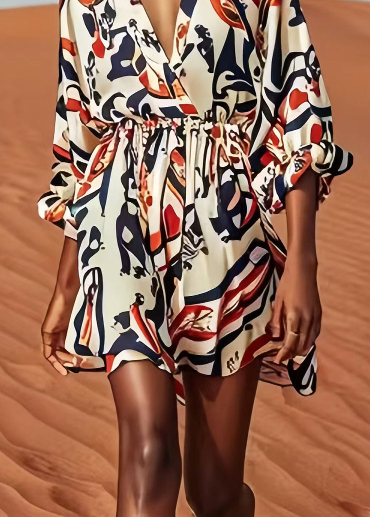 Silm Fit V Neck Print Silk Mini Dress Summer