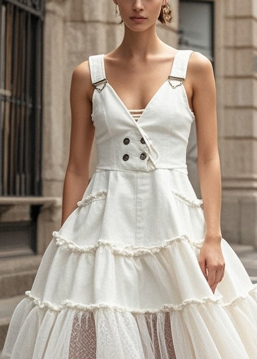 Silm Fit White Double Breast Patchwork Tulle Denim Dress Summer