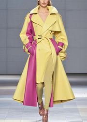 Silm Fit Yellow Asymmetrical Patchwork Faux Leather Trench Coats Fall